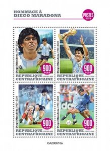 Central Africa - 2020 Diego Maradona Tribute - 4 Stamp Sheet - CA200610a