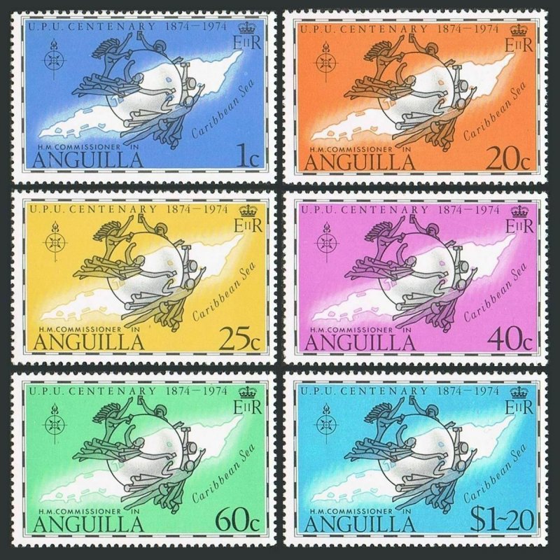 Anguilla 199-204,204a sheet,MNH.Michel 198-203,Bl.6 UPU-100,1974.Map.