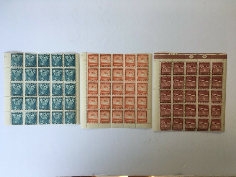 Chile 1934-39 2p (inv wmk), 5p & 10p Blocks x 25 each MNH. Scott C40, C43, C46