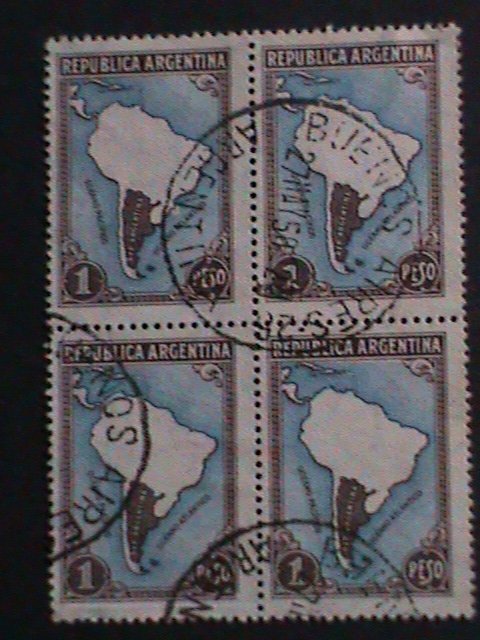 ​ARGENTINA-1935 SC#446   87 YEARS OLD- MAP OF SOUTH AMERICA -USED BLOCK-VF