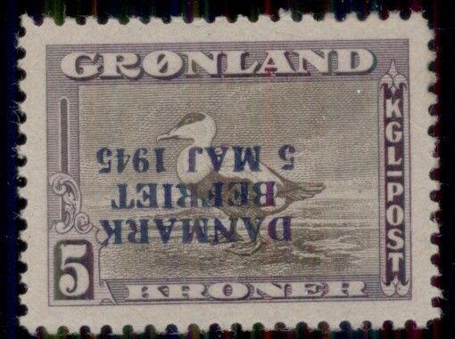 GREENLAND #27v 5kr Eider Duck, INVERTED OVPT - only 400 made, og, NH, signed