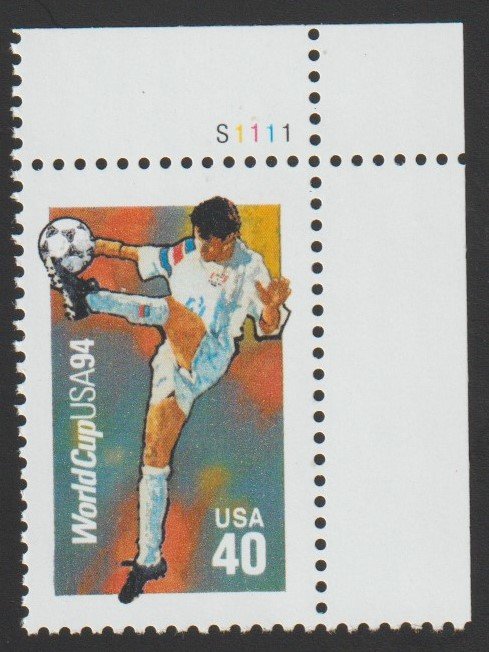 SC# 2835 - (40c) - World Cup Soccer, trapping - MNH Plate # Single UR S1111