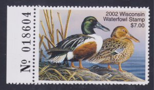 State Hunting/Fishing Revenues: WI - 2002 Duck Stamp  WI-25 - MNH