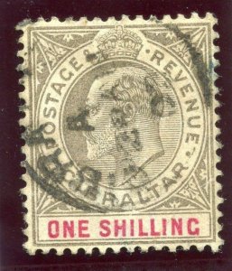 Gibraltar 1903 KEVII 1s black & carmine very fine used. SG 51. Sc 44.