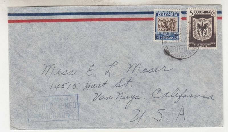 COLOMBIA, 1938 Airmail cover, Bucaramanga to California.