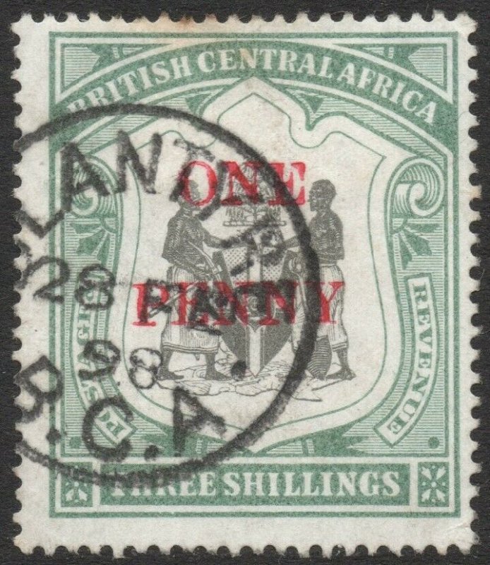 BRITISH CENTRAL AFRICA-1897 1d on 3/- Black & Sea-Green Sg 53 FINE USED V38342