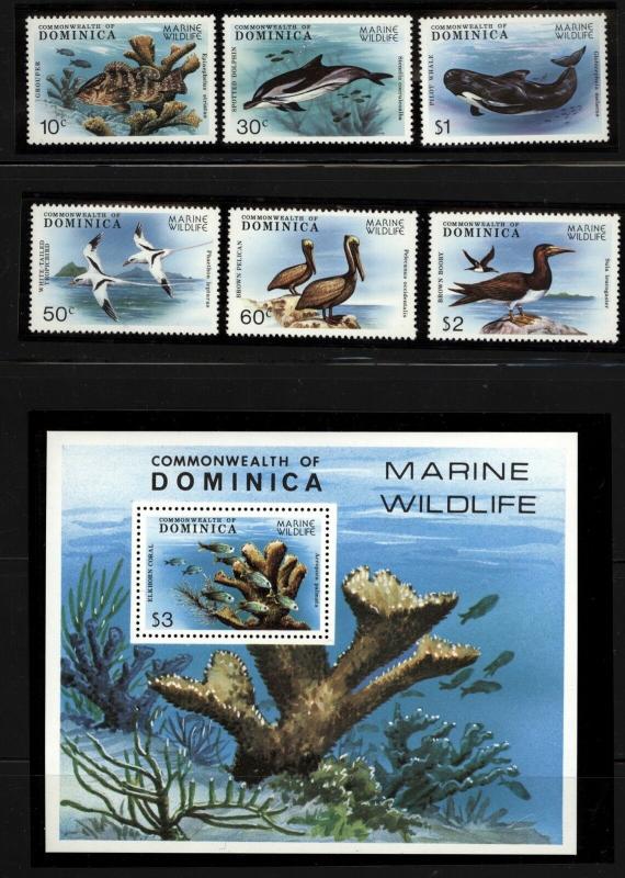 Dominica  Scott 618-23,624 Fish marine set and S, Sheet Mint NH in mounts jp