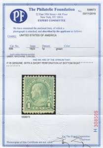 #596, 1923 1¢ green, 2nd or 3rd Best Known, SCV $250,000 SEE DETAILS (GD 4/5)