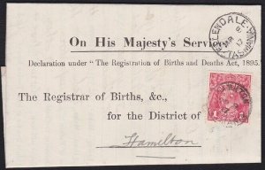 TASMANIA 1917 Birth notice ELLENDALE cds to Hamilton T perfin GV 1d red....B1775