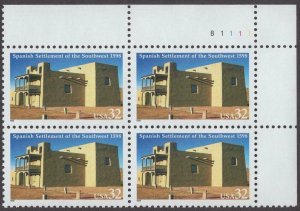 1998 Spanish Settlement Plate Block of 4 32c Postage Stamps, Sc# 3220, MNH, OG