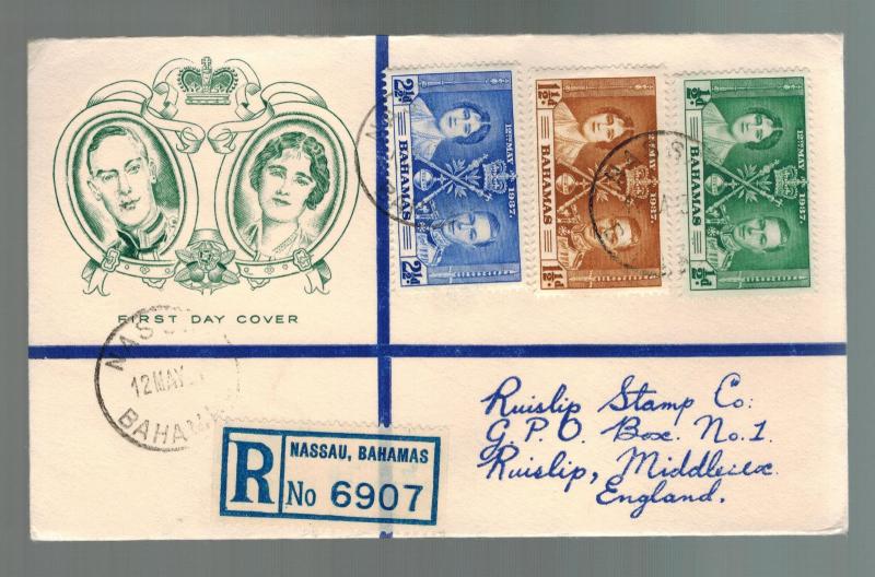 1937 Bahamas first day cover to Ruislip England KGVI Coronation Cachet