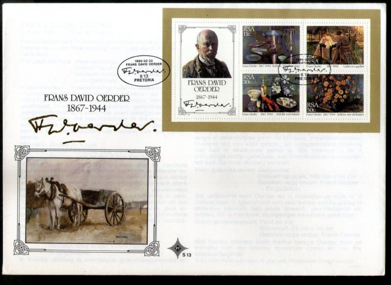 South Africa 1985 Paintings by Frans Oerder Art PainterSc 651a M/s on FDC # 1...