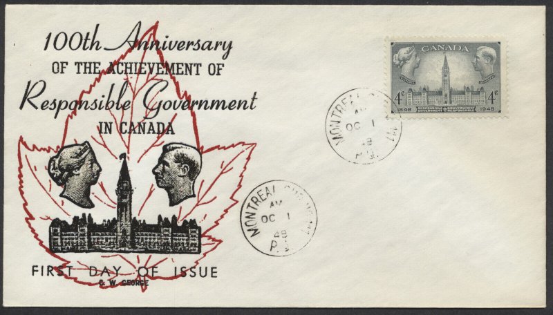 1948 #277 Responsible Gov't FDC CW George Red Leaf Cachet Montreal Sub No 111