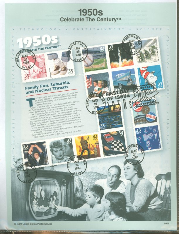 US SP1259F/3187 1999 Celebrate the Century (The 1950's) pane of fifteen 33c stamps on official USPS souvenir page FDC, #...