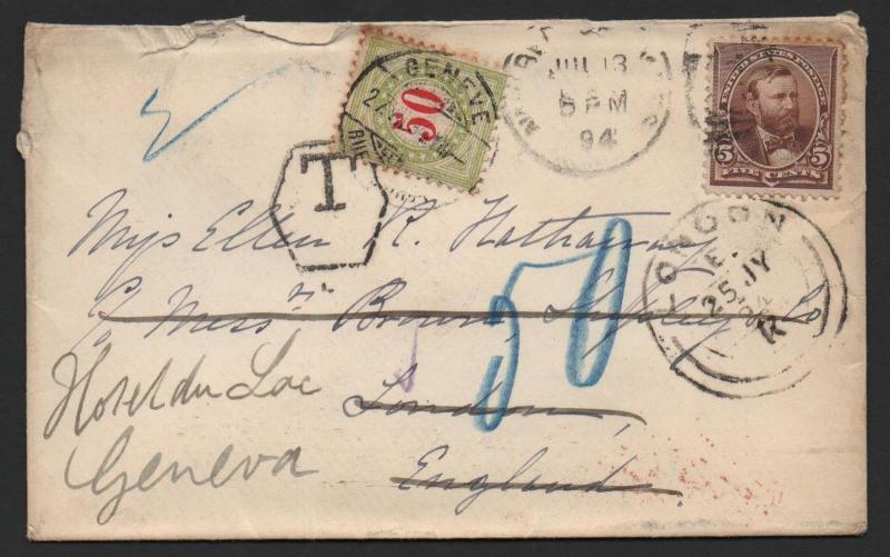 US Scott #223 & Switzerland J26a Postage Due Cover July 13, 1894 FWD London