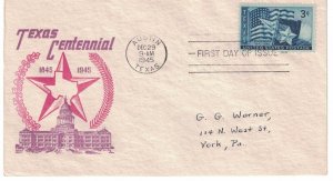 1945 FDC, #938, 3c Texas 100th, CC/Boll