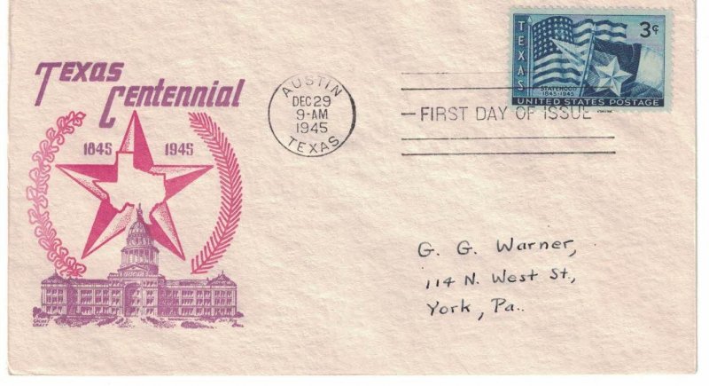 1945 FDC, #938, 3c Texas 100th, Ioor