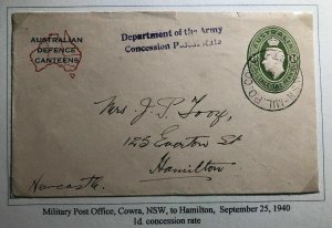 1941 Military PO In Cowra Australia Defense Canteens Cover To Newcastle England