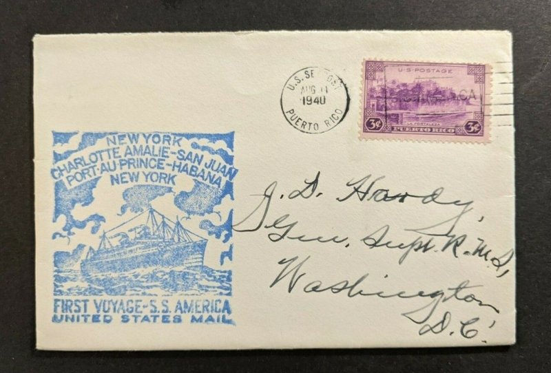 1940 SS America Maiden Voyage US Sea Post Puerto Rico Cover to Washington DC