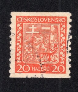 Czechoslovakia 1929 20h red Arms Coil, Scott 158 used, value = 25c