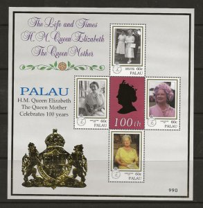 Palau 1999 Queen Mother 100 sheet of 4 values sg.1493-6  MNH