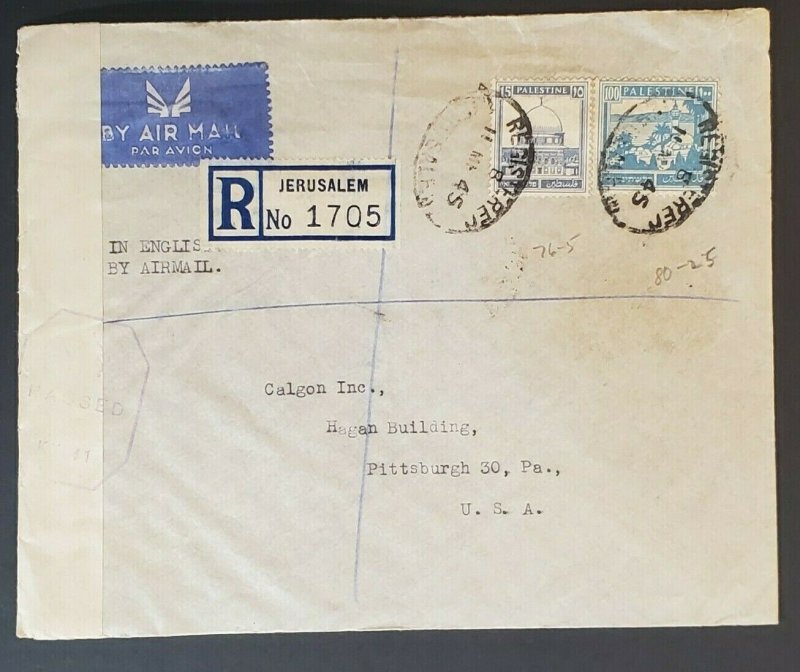 1945 Palestine to Pittsburgh PA Registered Censorship Commercial Air Mail Cover