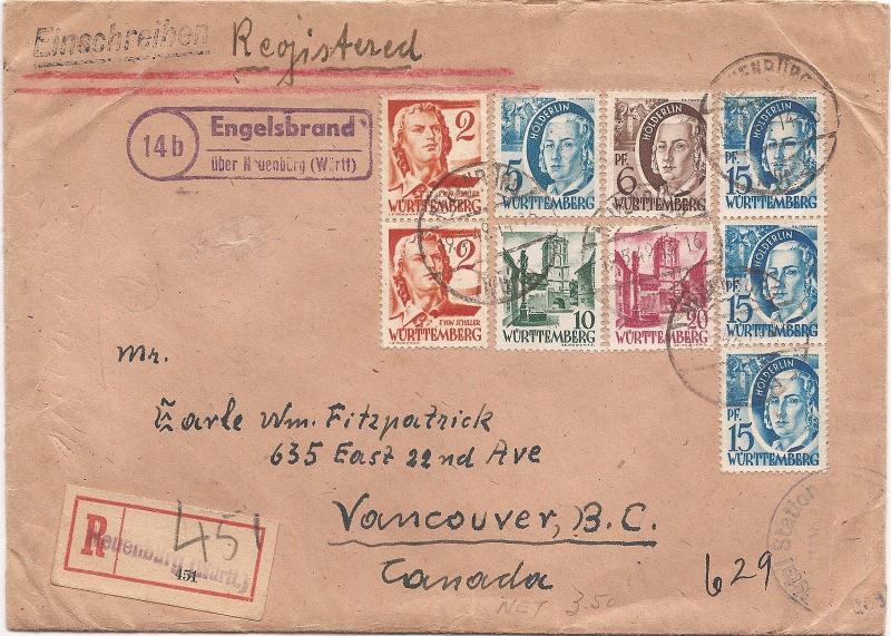 Germany Wurttemberg 1949 Registered cover to Canada (bab)