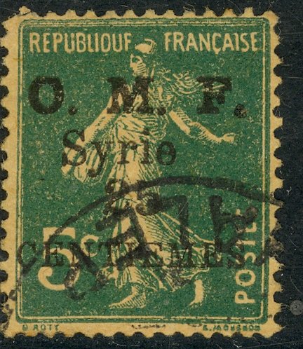 SYRIA 1920-23 25c on 5c Green SOWER Issue Sc 57 VFU