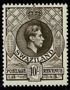 SWAZILAND KG VI 1938-54 10/- SEPIA UNUSED SG38 Wmk.MSCA P13.25x13 VGC