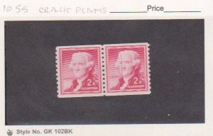 Scott # 1055d, VF Mint NH  Error Pair 2¢ Jefferson Crack in Right Stamp in Head