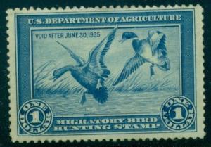 US #RW1 $1.00 Mallards, og, hinged, small thin otherwise VF, Scott $350.00