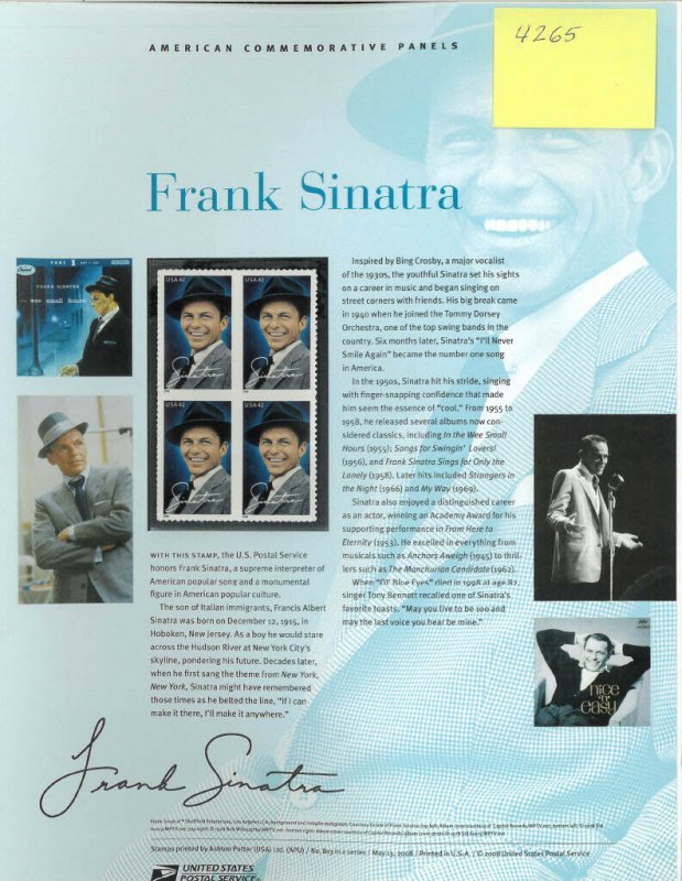 USPS COMMEMORATIVE PANEL #813 FRANK SINATRA #4265