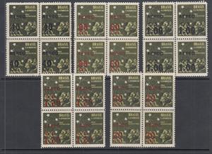Brazil Sc C55-C59 MNH. 1944 Air Mail Surcharges cplt, Blocks of 4, VF