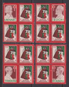 4 1938 Red Cross Christmas Seals Corner Blocks of 4 w/ Portraits - I Combine S/H