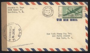 Hawaii USA 1943 WWII Censor Territorial Airmail DC10 20c Cover 109159