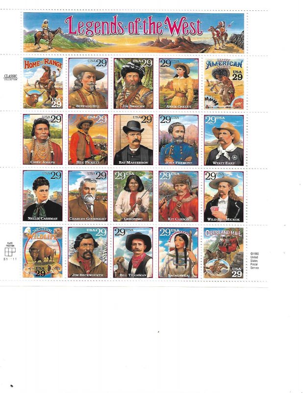 US Stamps/Sheets/Postage Scott #2869 Legends of the West MNH F-VF OG FV $5.80