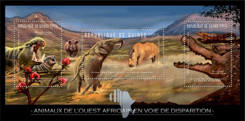 GUINEA 2012 SHEET ENDANGERED ANIMALS WILDLIFE RHINOS HIPPOS CROCODILES REPTILES