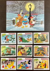 Redondo Disney 1981 Christmas Mickey, Donald and Goofy s/s plus 9 singles