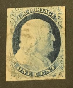 1852 US Scott # 9, Type IV used, recut once @ top, once @ bottom, Cat Val $100