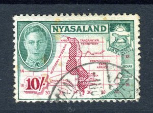 Nyasaland 1945 KGVI. 10s claret & emerald. Used. SG156.