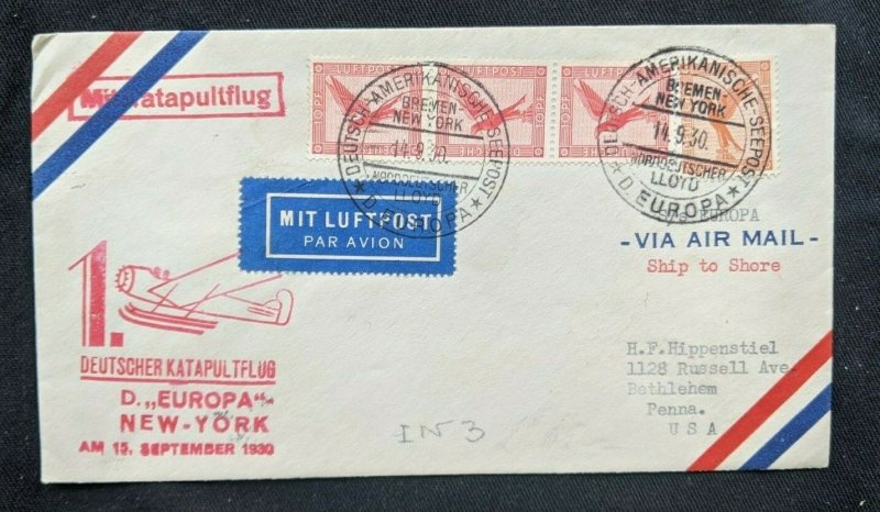 1930 SS Europa Catapult Ship to Shore Air Mail Cover to Bethlehem PA USA