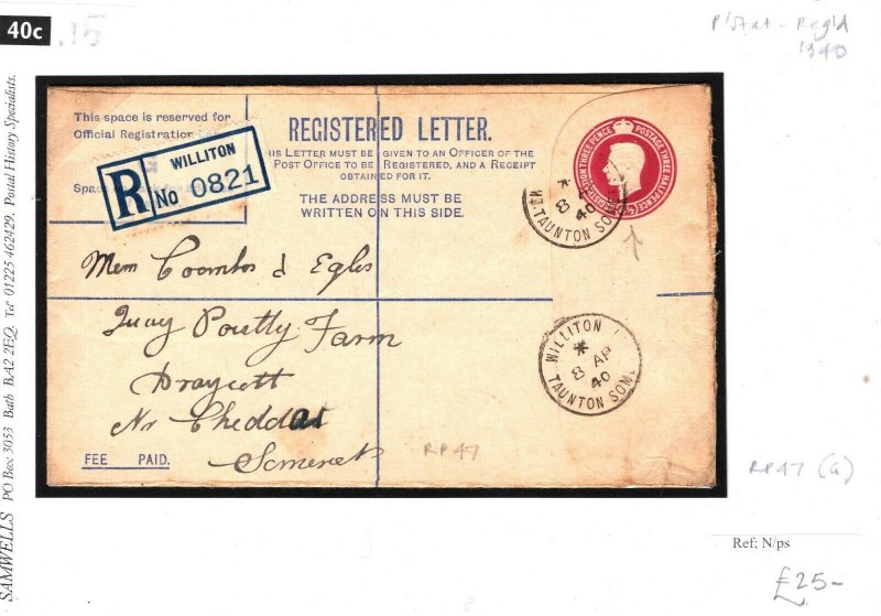 GB Cover KGVI Registered Postal Stationery RP47(G) Williton Somerset 1940 40c.15