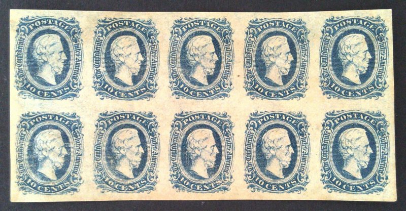 Scott CSA #11 - 10c Blue - Jefferson -  Unused - Block of 10 - 1863-64