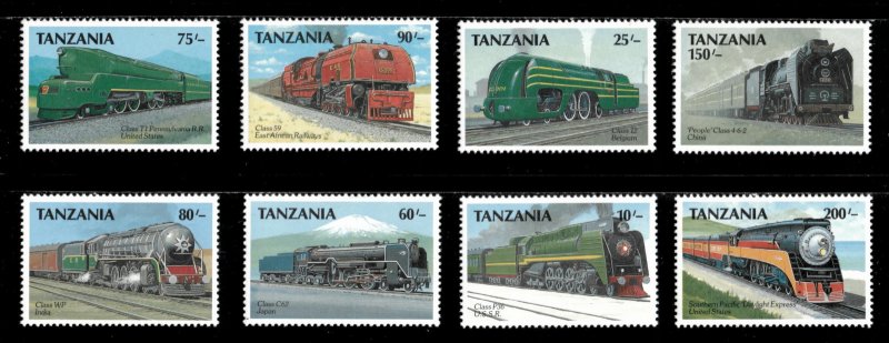 Tanzania 1989 - Trains of the World - Set of 8 Stamps - Scott #478-85 - MNH