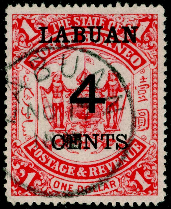 LABUAN SG75, 4c on $1 scarlet, VFU, CDS.