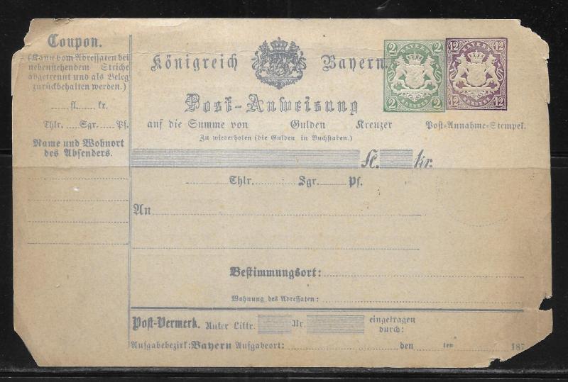 Bavaria Stationery Form Money Order H&G 4 Unused