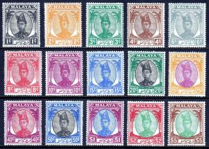 MALAYA (TRENGGANU) — SCOTT 53//67 — 1949 SULTAN ISMAIL SHAH — MH — SCV $135.25