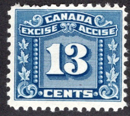 van Dam FX73, 13c blue, MLH, Three Leaf Excise Tax, Canada Federal Excise