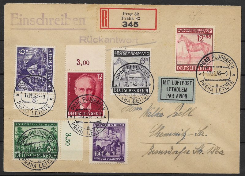 Bohemia & Moravia: 1943 Reg. Cover Mixed Franking Prague Airport