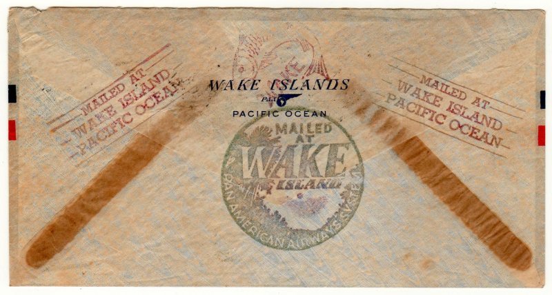 Prexie 2c,3c,10c, Clipper 20c airmail Wake Island to Calif., 1940